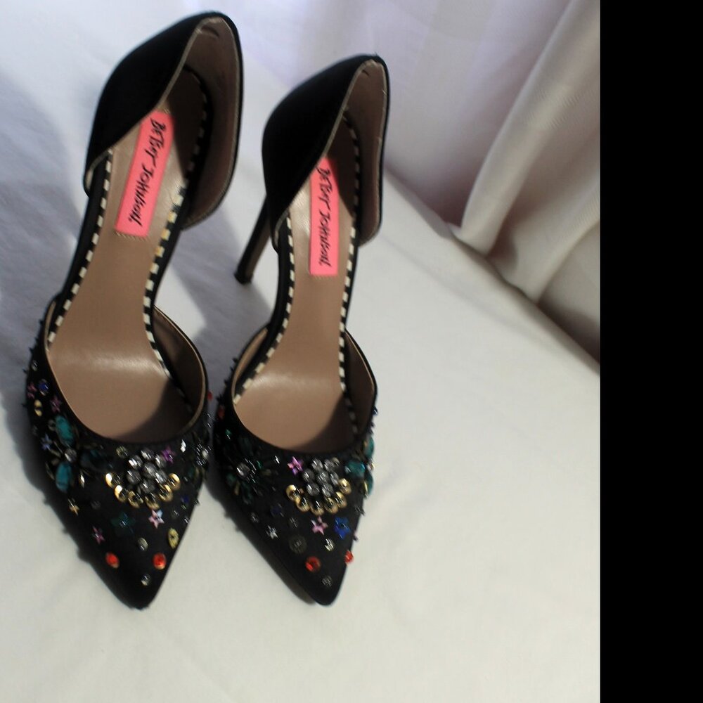 Betsey Johnson Mayson Bejeweled Black Satin Stiletto Heels, 6M, EUC - Picture 2 of 10